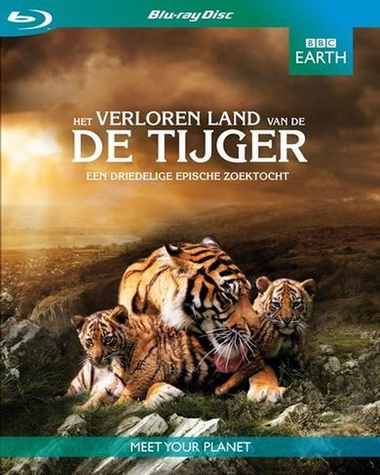 Tijger met twee welpjes in een bergachtig landschap, met de tekst 'Het Verloren Land van de Tijger'.