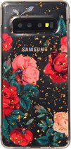 Shop4 - Samsung Galaxy S10 Plus Hoesje - Zachte Back Case Rozen en Goud Flakes Rood