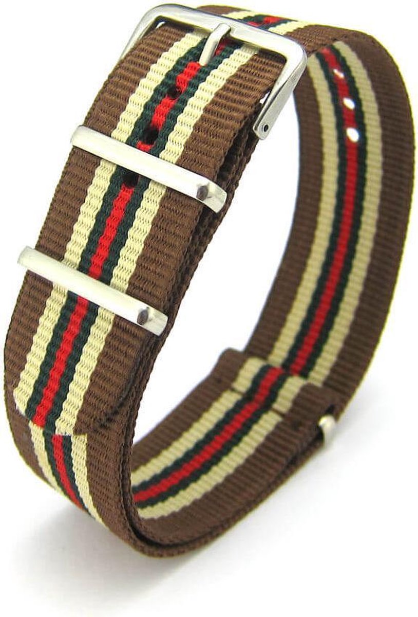 Premium Brown Beige Green  Red - Nato strap 20mm - Stripe - Horlogeband Bruin Beige Groen  Rood