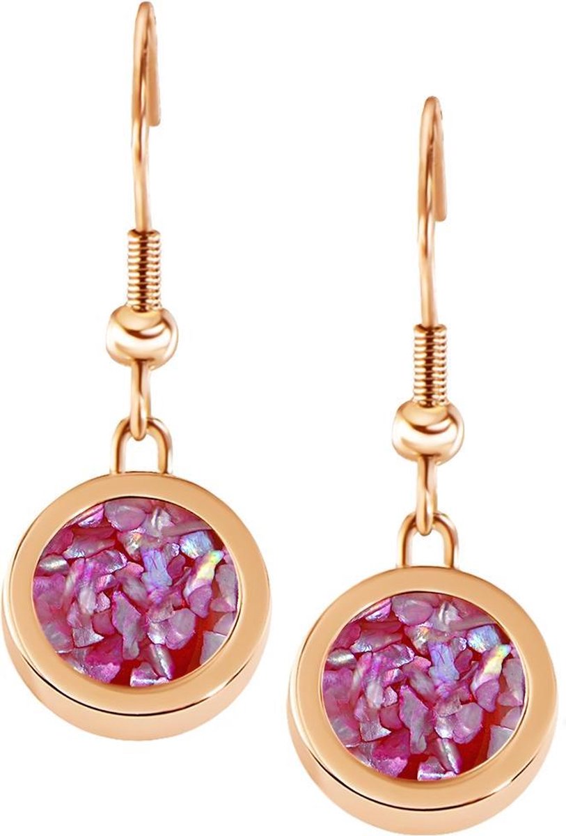 Quiges RVS Schroefsysteem Oorhangers Oorbellen Rosékleurig met Verwisselbare Roze Vlokjes Schelp Mini Munt Set - ECOS010