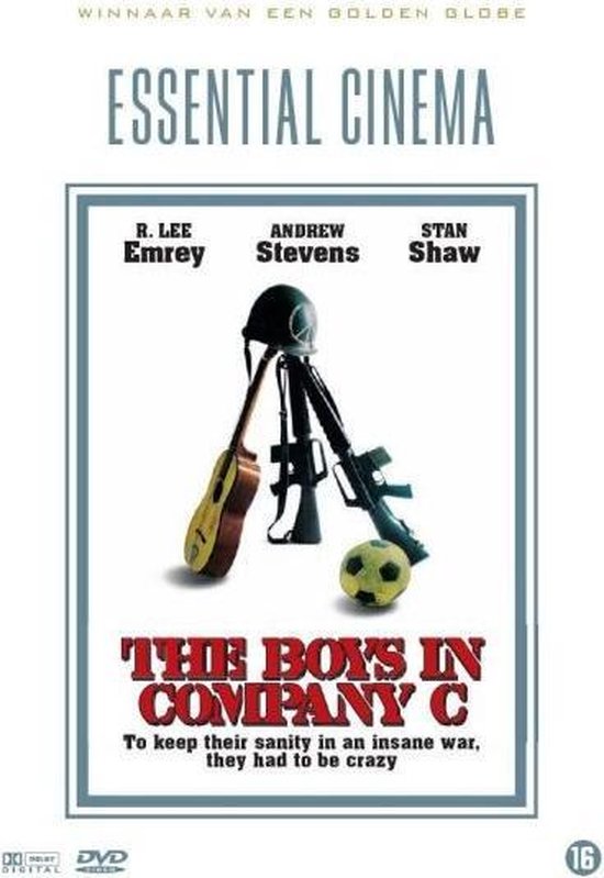 DVD-hoes met een helm, geweren, gitaar en voetbal, met de titel "The Boys in Company C".