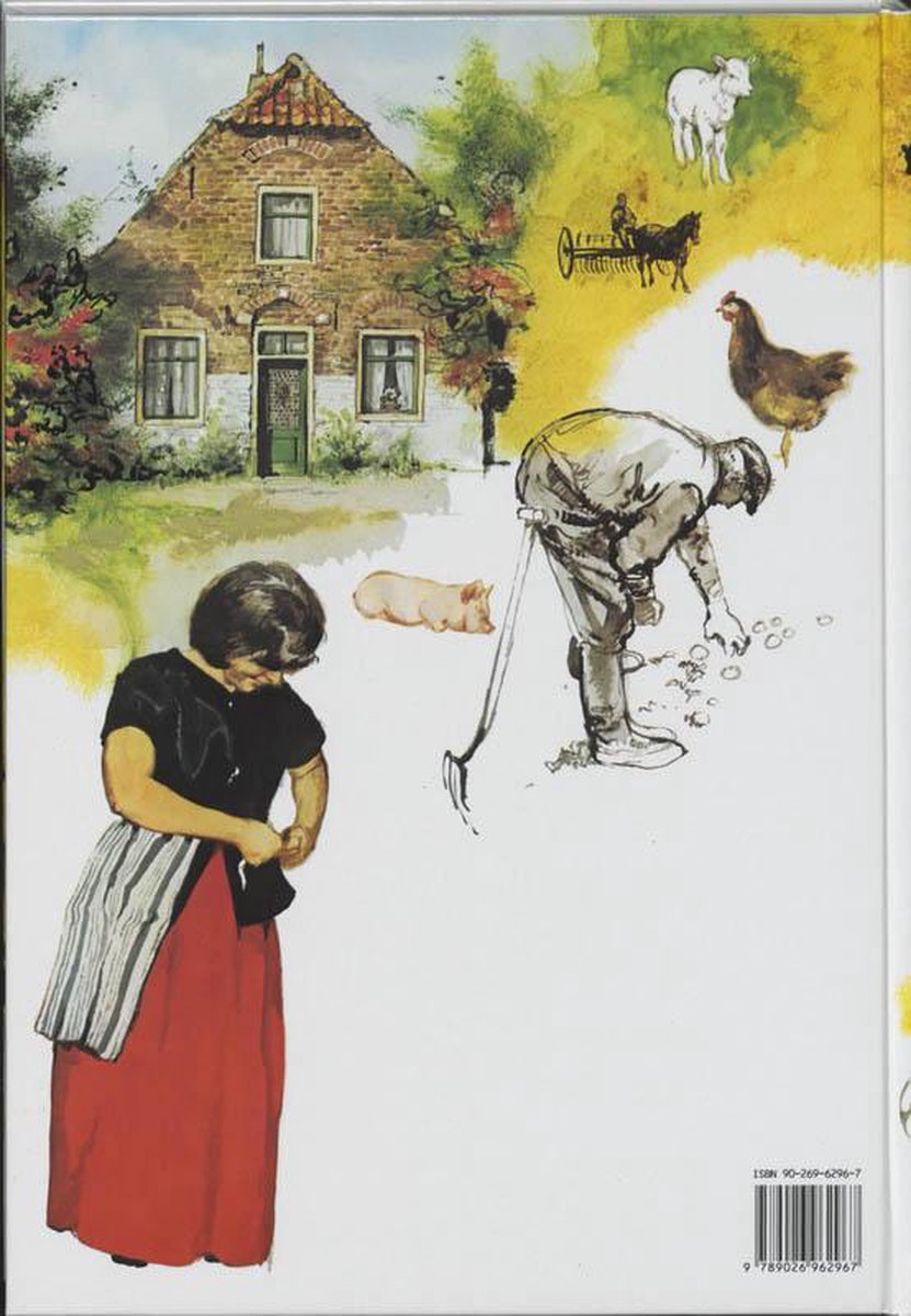 Een illustratie van een boerderijtafereel met op de voorgrond een vrouw in een rode rok en zwart vest, en op de achtergrond een man die aardappelen poot.