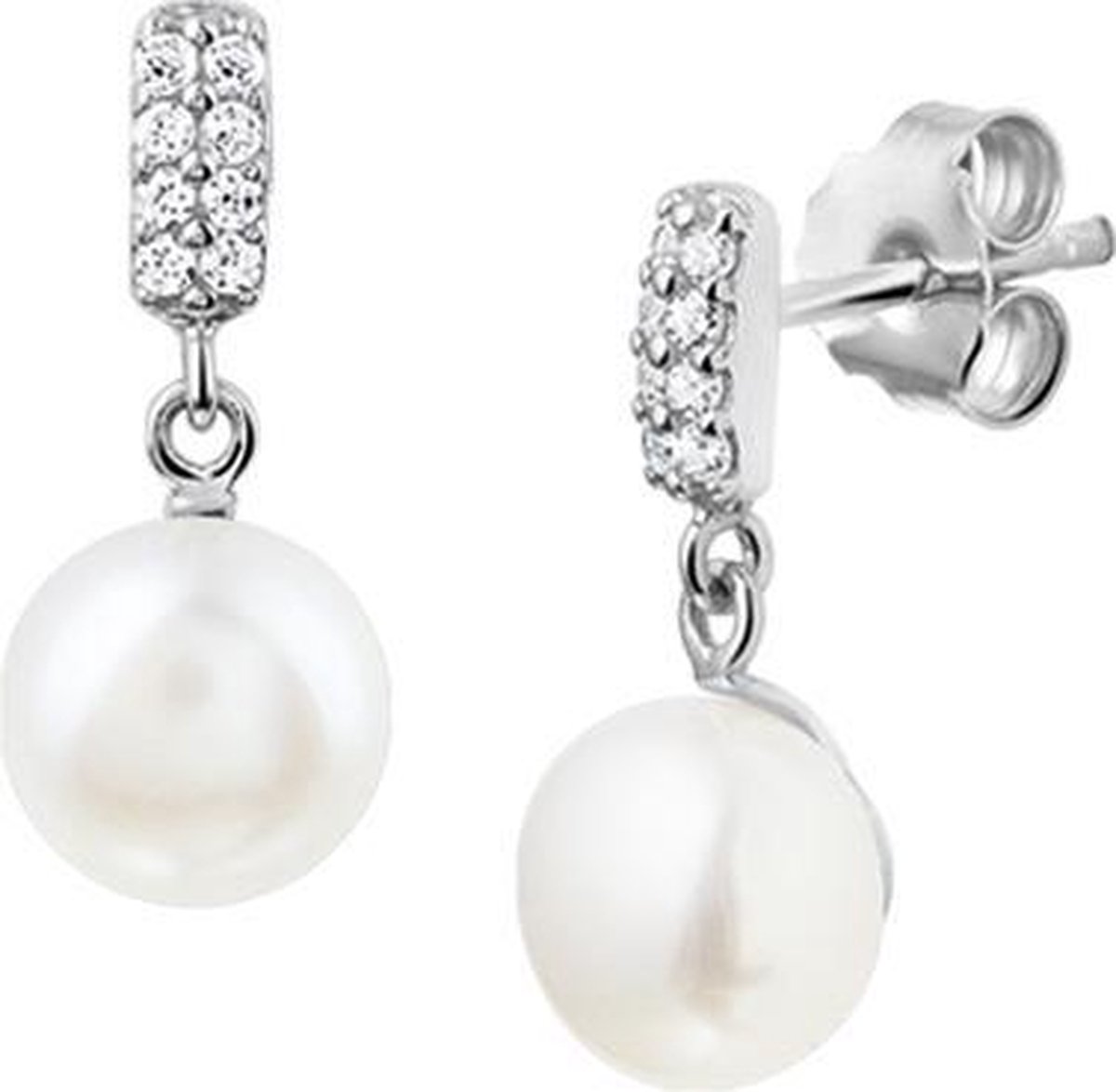 The Jewelry Collection Oorhangers Parel En Zirkonia - Zilver Gerhodineerd
