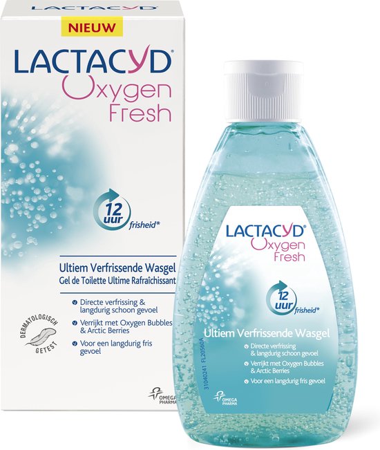 Lactacyd Oxygen Fresh verpakking met fles en doosje, 'Nieuw' in geel vakje.