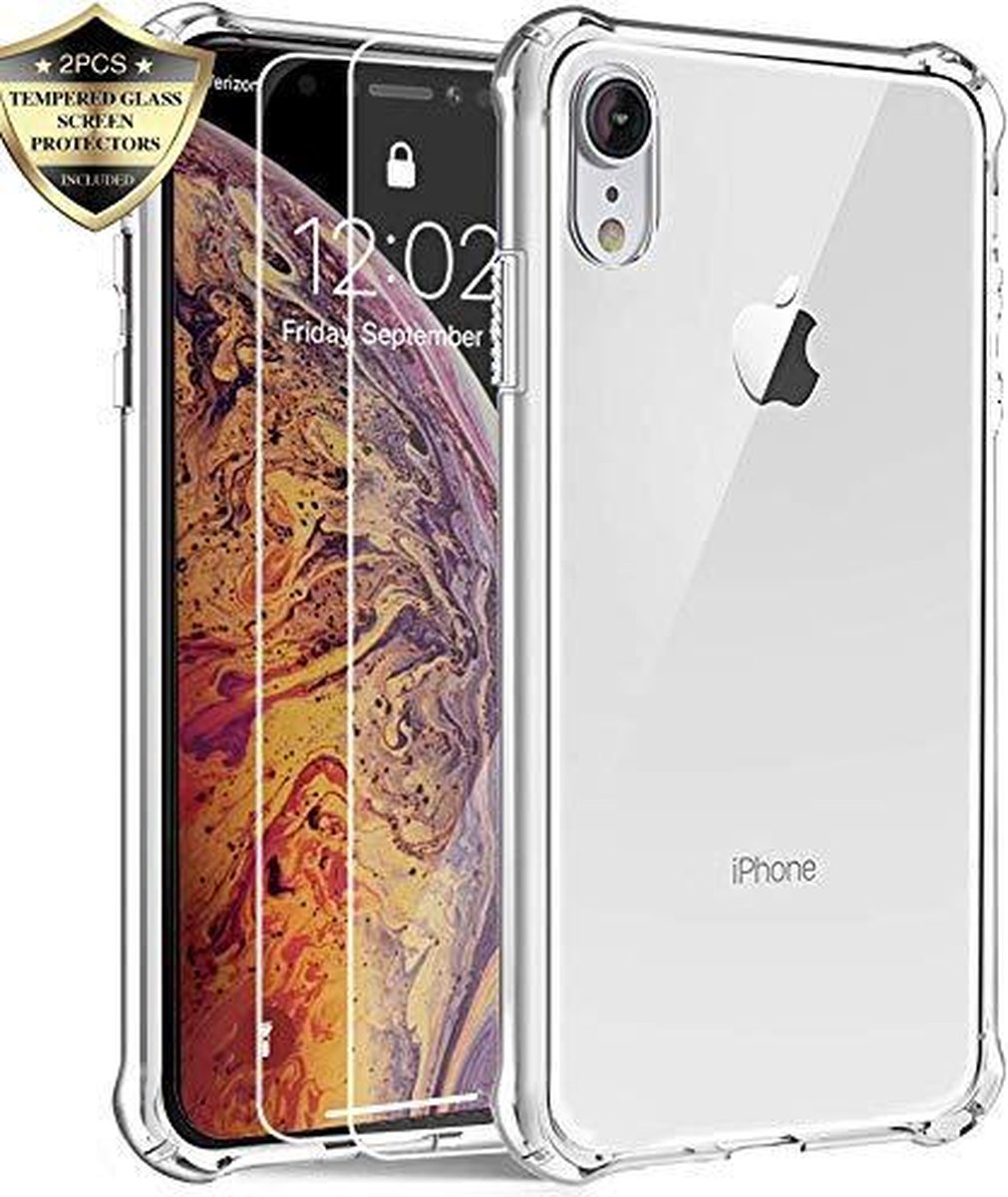 Hoesje Geschikt voor: iPhone XS Max - Anti Shock Hybrid Case & 2X Tempered Glas Combi - Transparant