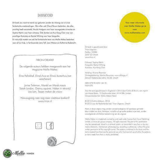 Dankwoordpagina van het boek Mollie makes Haken, met contactinformatie.