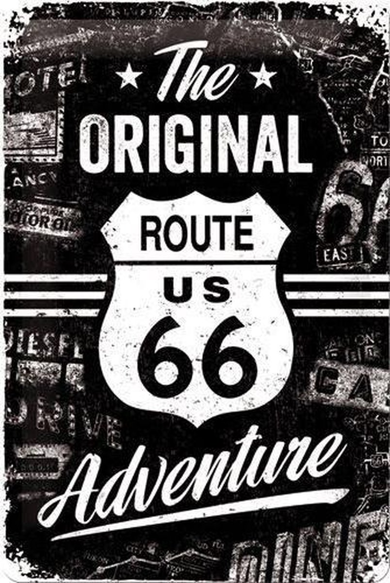 Nostalgic-Art Route 66 - The original, adventure. Retro reclame wandbord, Reclamebord Amerika USA. metaal zwart