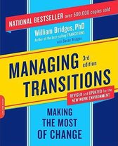 Boekcover "Managing Transitions" met rode en gele accenten. Titel "MANAGING TRANSITIONS" in grote blauwe letters.