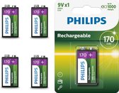 5 Stuks - Philips MultiLife 9V HR22/6HR61 170mAh oplaadbare batterij