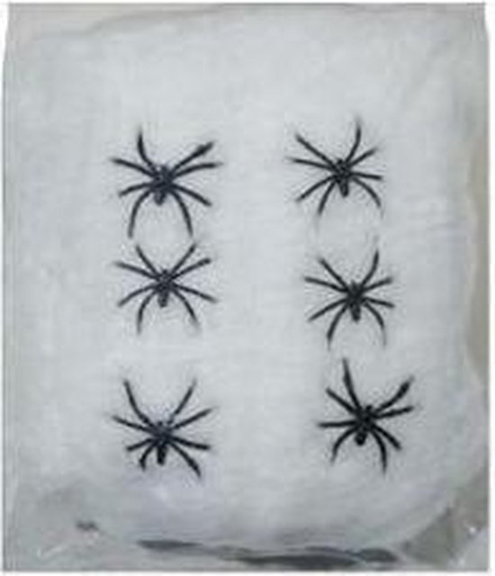Emballage de fausses toiles d'araignées blanches avec six araignées noires en plastique.