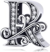 Zilveren alfabet bedel letter R met  transparante zirkonia steentjes