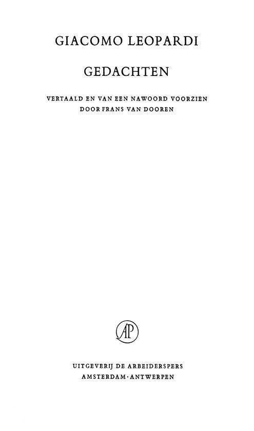 Titelpagina van Giacomo Leopardi's Gedachten, vertaald door Frans van Dooren, uitgegeven door De Arbeiderspers.