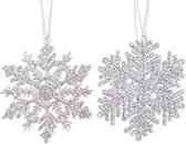 2x Kersthangers figuurtjes zilveren sneeuwvlok/ster 12 cm glitter - Sneeuw thema kerstboomhangers - Kerstboomversieringen koper