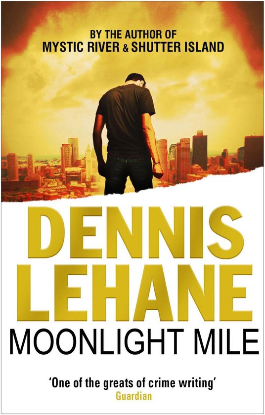 Boekomslag met een silhouet van een man die voor een stad uitkijkt. Titel: Moonlight Mile.