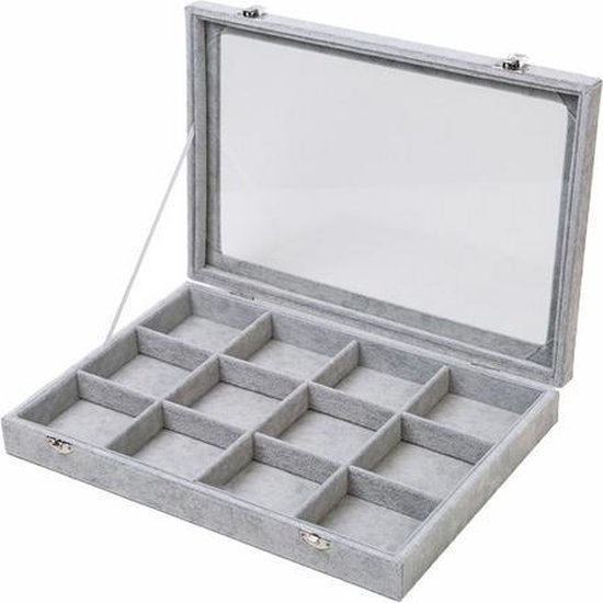 Sieraden opbergen / sieraden doos / vak display box – grijs velours 12  vakken met deksel | bol.com