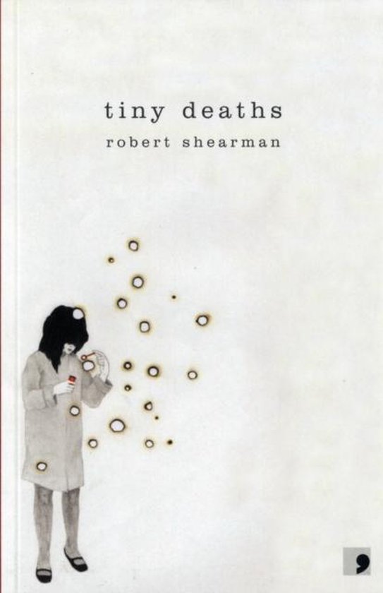 Couverture du livre 'tiny deaths' par robert shearman. Illustration d'une fille aux cheveux noirs et un manteau gris, allumant des feux d'artifice.
