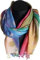 Mooie hippe sjaal van pashmina mix kleuren bloemen en stippen lengte 180 cm breedte 70 cm.