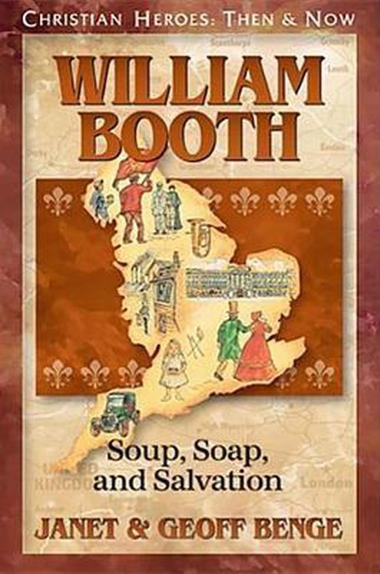 Livre "William Booth: Soup, Soap, and Salvation" avec des illustrations de personnages victoriens et une vieille voiture sur une carte.