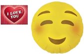 Folie helium ballon blozende smiley 46 cm met valentijnskaart - Valentijnsdag cadeaus