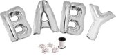 Folie ballonset zilver met letters BABY 102 cm + geschenklint 10m met 4 witte strikken