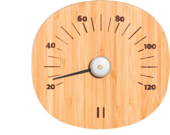 Thermomètre de sauna Rento en bambou avec une aiguille indiquant entre 20 et 120.