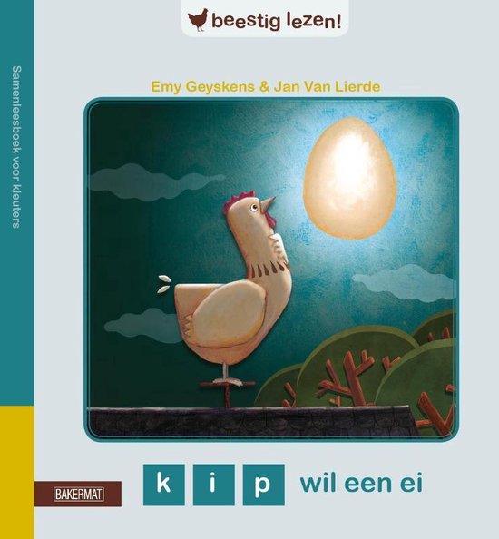 Een kuiken kijkt omhoog naar een lichtgevend ei. "Beestig lezen!"