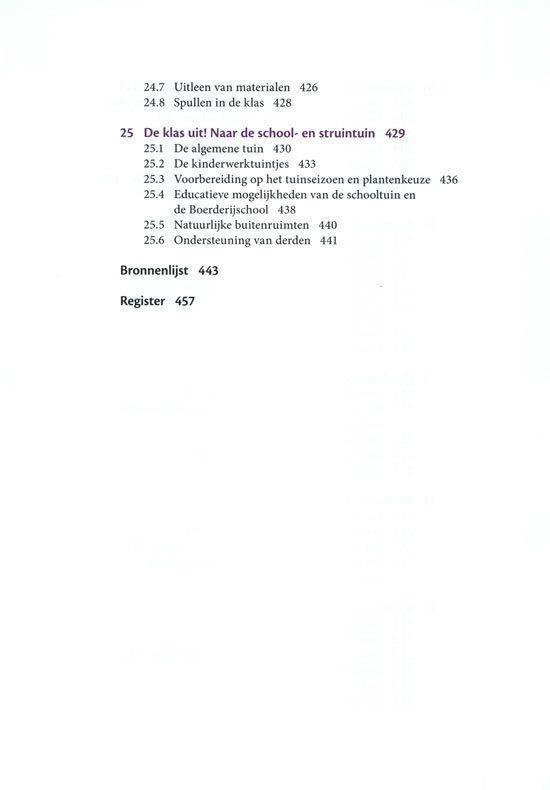 Inhoudsopgave van het boek 'Praktische didactiek voor natuuronderwijs', secties 24 t/m 26, met bronnenlijst en register.