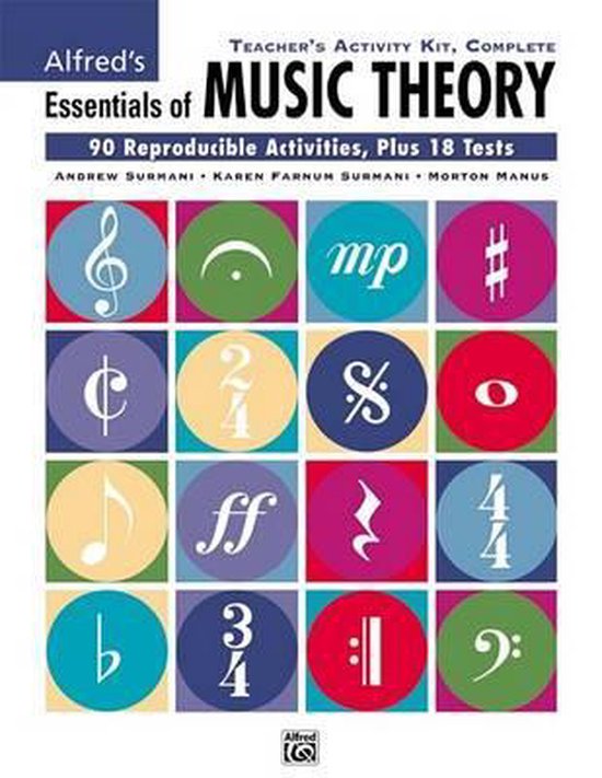 Livre 'Alfred's Essentials of Music Theory: Teacher's Activity Kit, Complete' avec 16 images carrées de notation musicale.