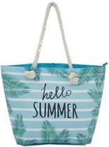 Strandtas blauw/wit Hello Summer 54 cm - Strandtassen/schoudertassen blauw met wit - Shoppers/zomer tassen