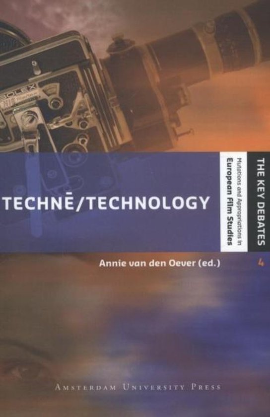 Boekomslag met vintage filmcamera, tekst 'TECHNE/TECHNOLOGY', 'THE KEY DEBATES' en titel van de auteur.
