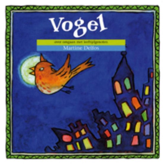 Een vogel vliegt 's nachts over een stad met verlichte ramen. De titel 'Vogel' staat bovenaan.