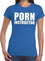 Porn instructor tekst t-shirt blauw dames XL