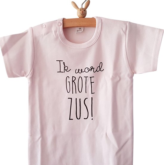 Shirt Ik word grote zus |  korte mouw | licht roze | maat 104 zwangerschap aankondiging bekendmaking Baby big sis sister