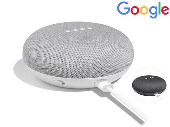 Chalk (lichtgrijze) Google Nest Mini met Google logo en een Charcoal (donkergrijze) mini als inset.