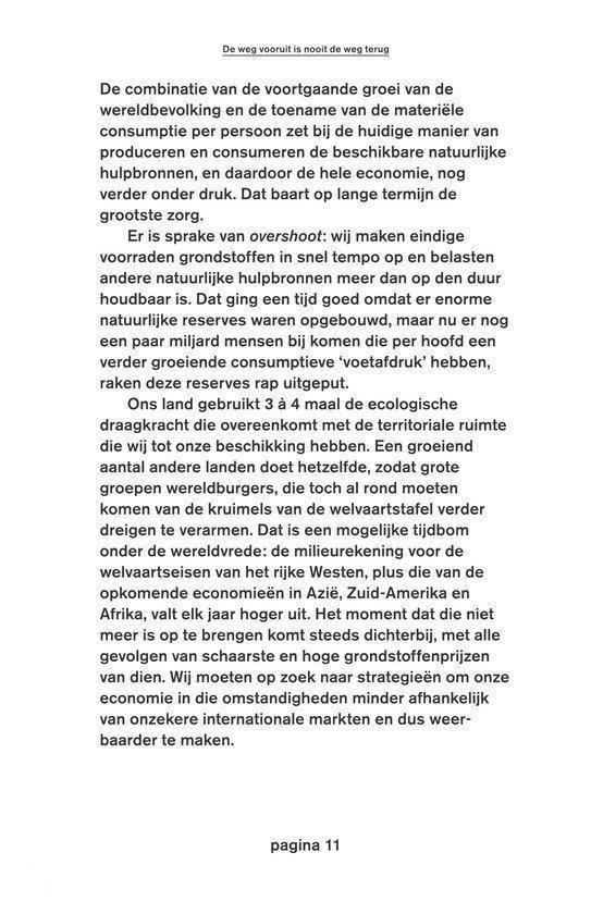 Pagina 11 met de titel "De weg vooruit is nooit de weg terug". Tekst gaat over economische groei, de aarde en grondstoffen.