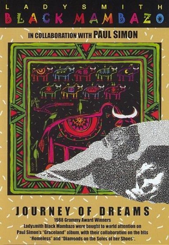 Albumhoes met Ladysmith Black Mambazo en Paul Simon, 'Journey of Dreams', met afbeeldingen van koeien en abstracte patronen.