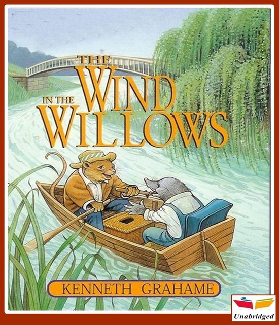 De cover van het boek 'The Wind in the Willows' toont een mol en een rat in een boot op een rivier, met de titel in gouden letters.