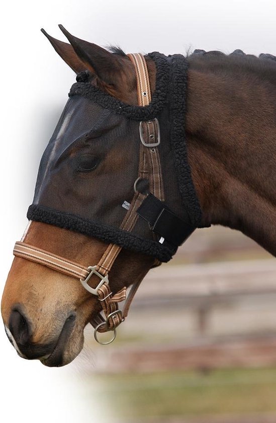 Bruin paard met zwarte vliegenkap met fleece rand en bruin gestreepte riemen.