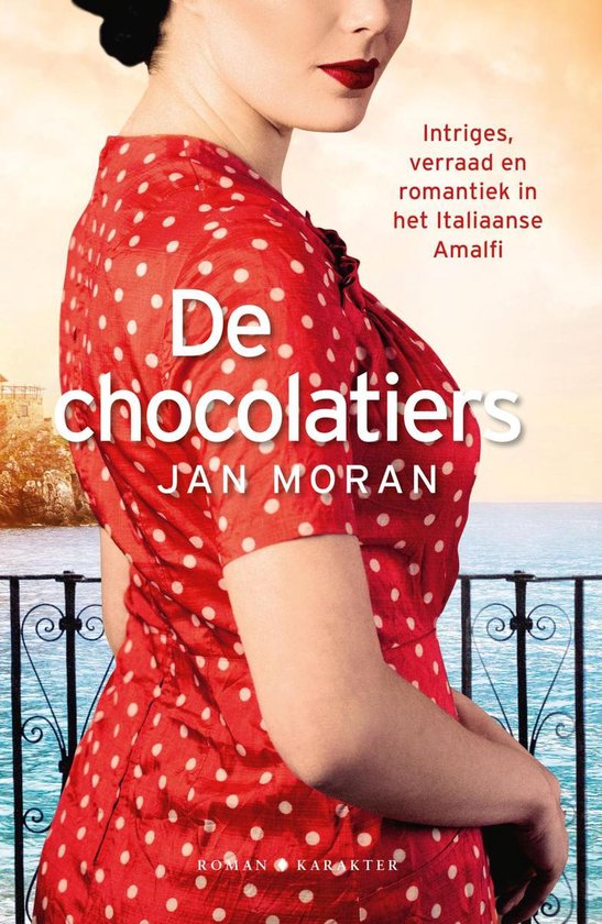 Vrouw in rode jurk met witte stippen, met op de achtergrond de Italiaanse kust en de titel 'De chocolatiers'.