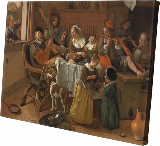 Het vrolijke huisgezin | Jan Steen | Wanddecoratie | 150 CM x 100 CM | Canvas | Foto op canvas | Oude Meesters
