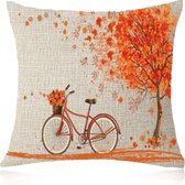 Kussenhoes fiets met boom oranje herfst linnen