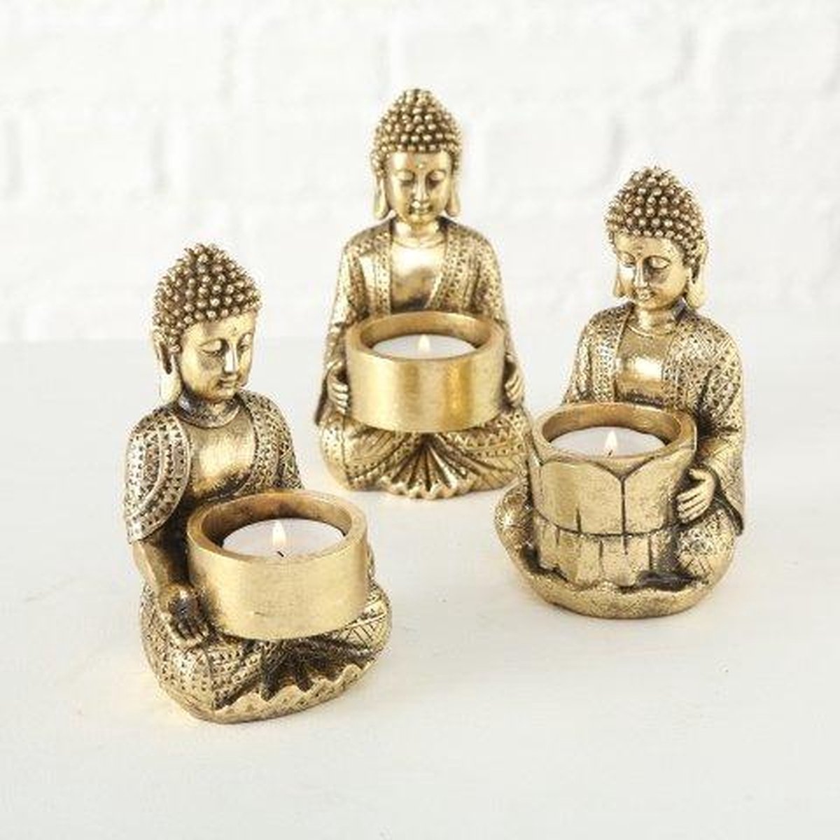 Boedha - 3 set - Theelicht houder - Goud - 14 cm