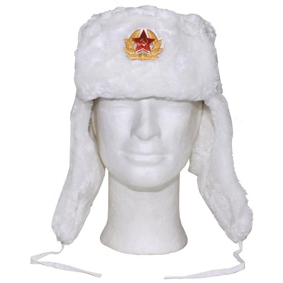 Chapeau de fourrure russe, blanc, avec emblème, TAILLE L. | bol