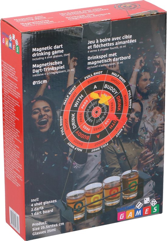 Thumbnail van een extra afbeelding van het spel Drinkdarts Drankspel - Darten - Diameter 15 cm - 4 Shots - Metalen Dartbord - 4 shotglazen - 4 pijltjes