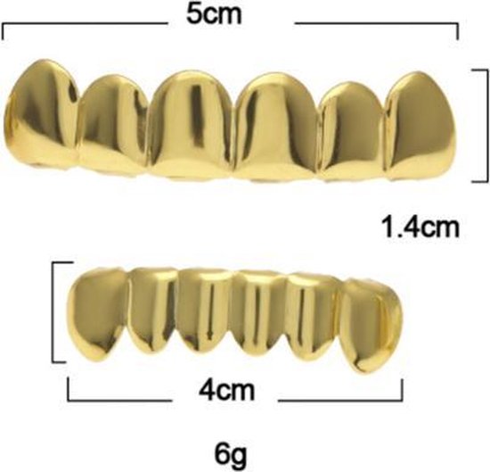 Gouden grillz met afmetingen 5cm en 1.4cm (boven) en 4cm (onder).