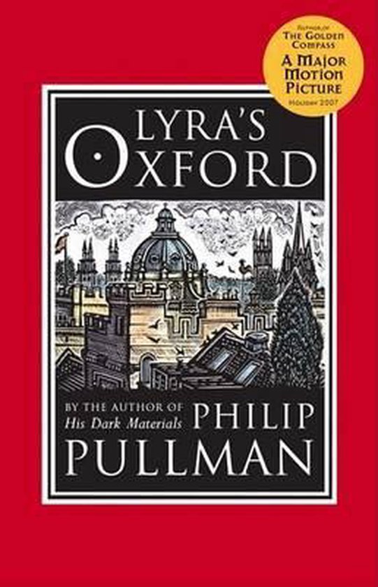 Couverture du livre Lyra's Oxford avec un dessin en noir et blanc de bâtiments, mentionnant 'Lyra's Oxford' et 'Philip Pullman'.