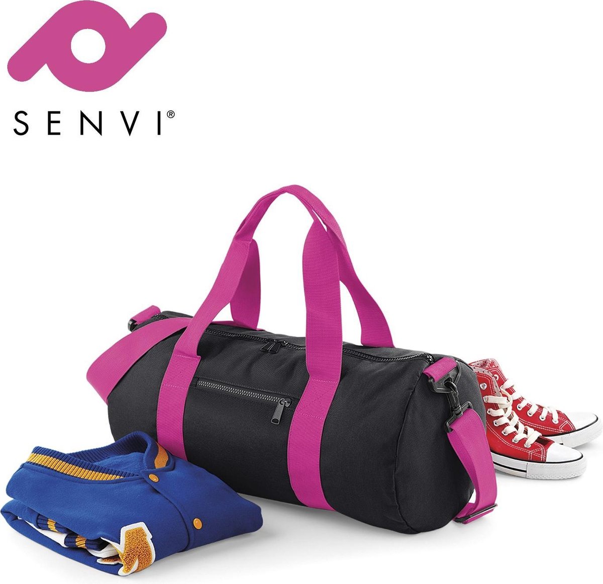 Senvi Retro Schoudertas Weekendtas Kleur Zwart - Fuschia