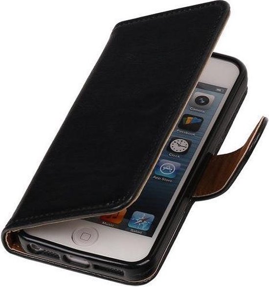 MiniPrijzen - Zwart vintage lederlook bookcase voor de iPhone 5 wallet hoesje flip cover iPhone 5 telefoonhoesje - smartphone hoesje - beschermhoes