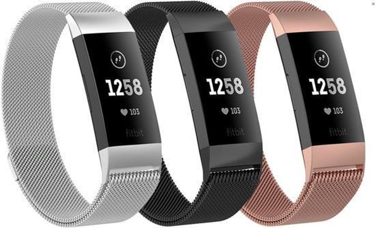 KELERINO. Milanees bandje voor Fitbit Charge 3 Zwart – Zilver – Rose Goud - 3 Pack - Small
