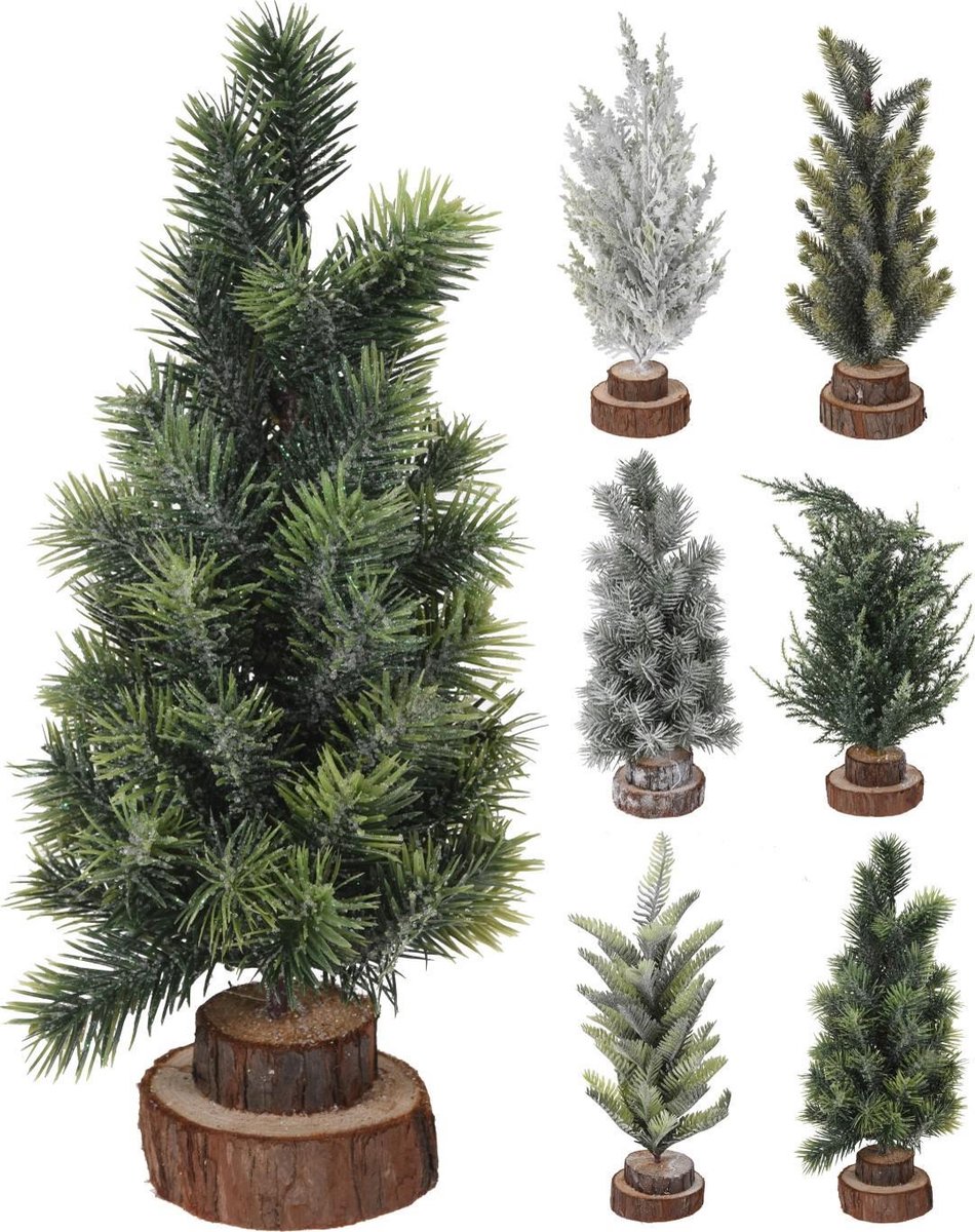 Kleine kerstboom van 30 cm op houten voet in assorti kleuren van het merk Snowflake.